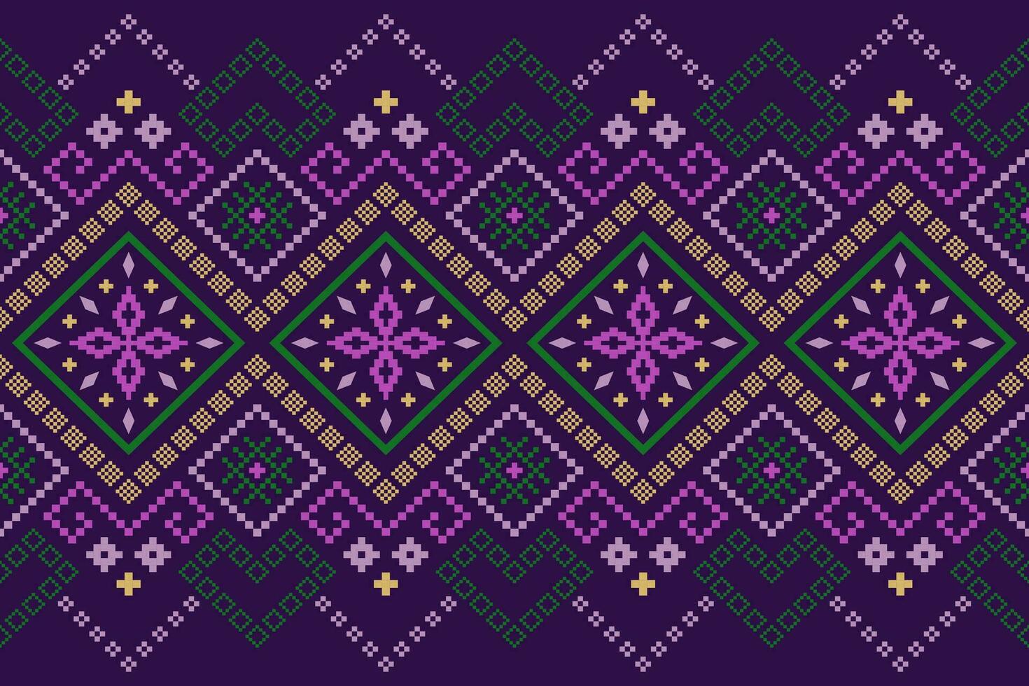 Purple cross stitch traditional ethnic pattern paisley flower Ikat background abstract Aztec African Indonesian Indian seamless pattern for fabric print cloth dress carpet curtains and sarong vector
