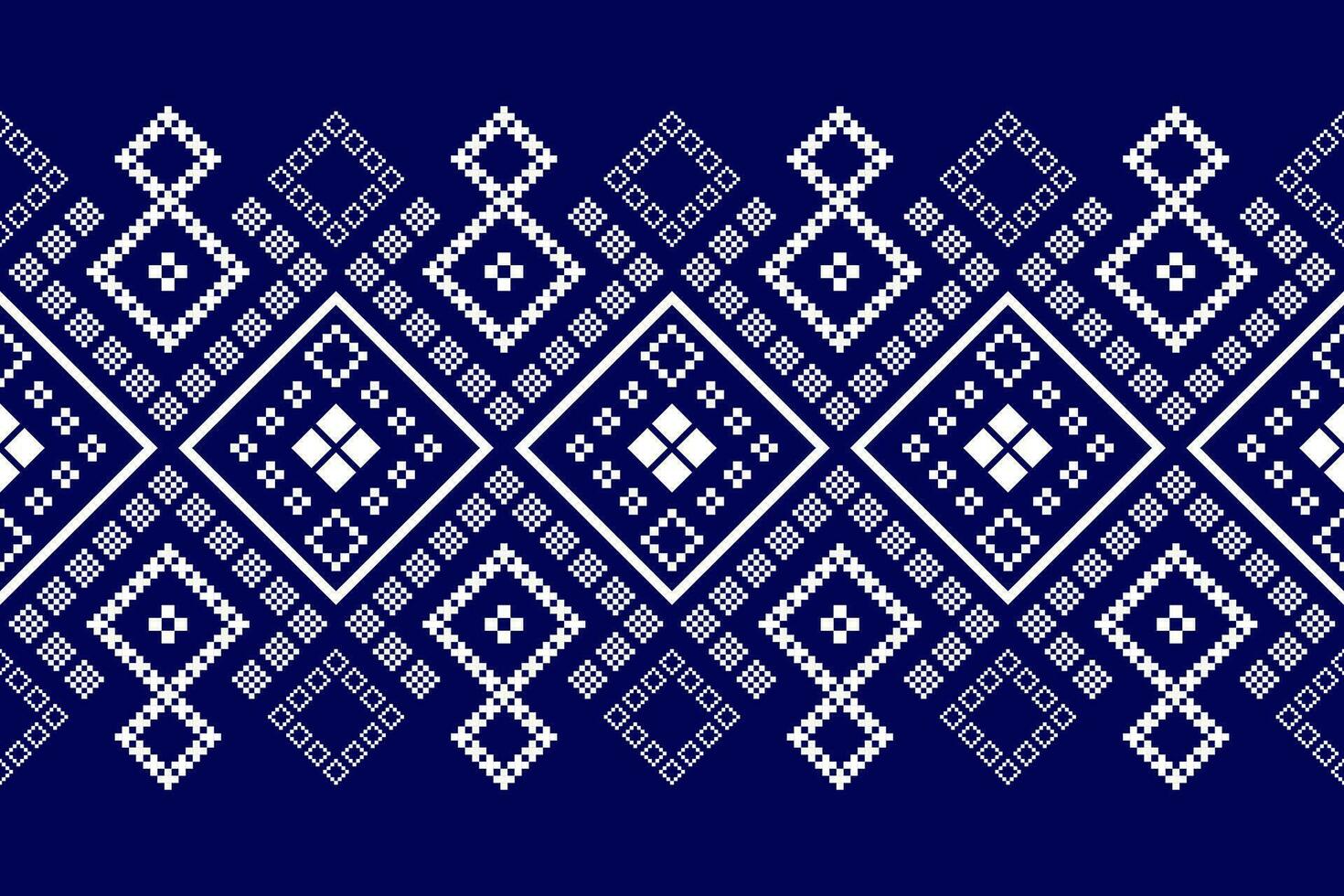 Indigo navy blue geometric traditional ethnic pattern Ikat seamless pattern border abstract design vector