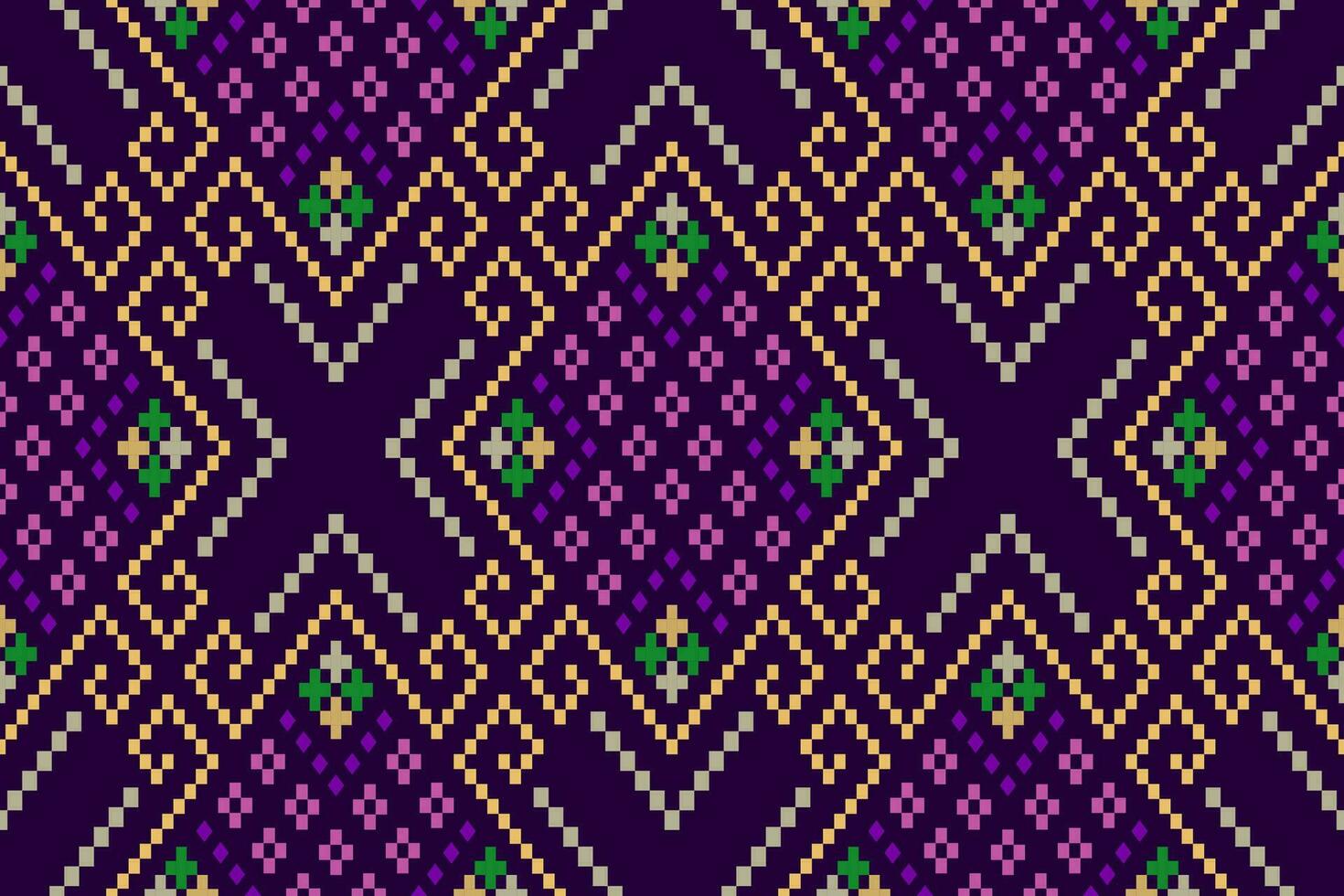 Purple cross stitch traditional ethnic pattern paisley flower Ikat background abstract Aztec African Indonesian Indian seamless pattern for fabric print cloth dress carpet curtains and sarong vector