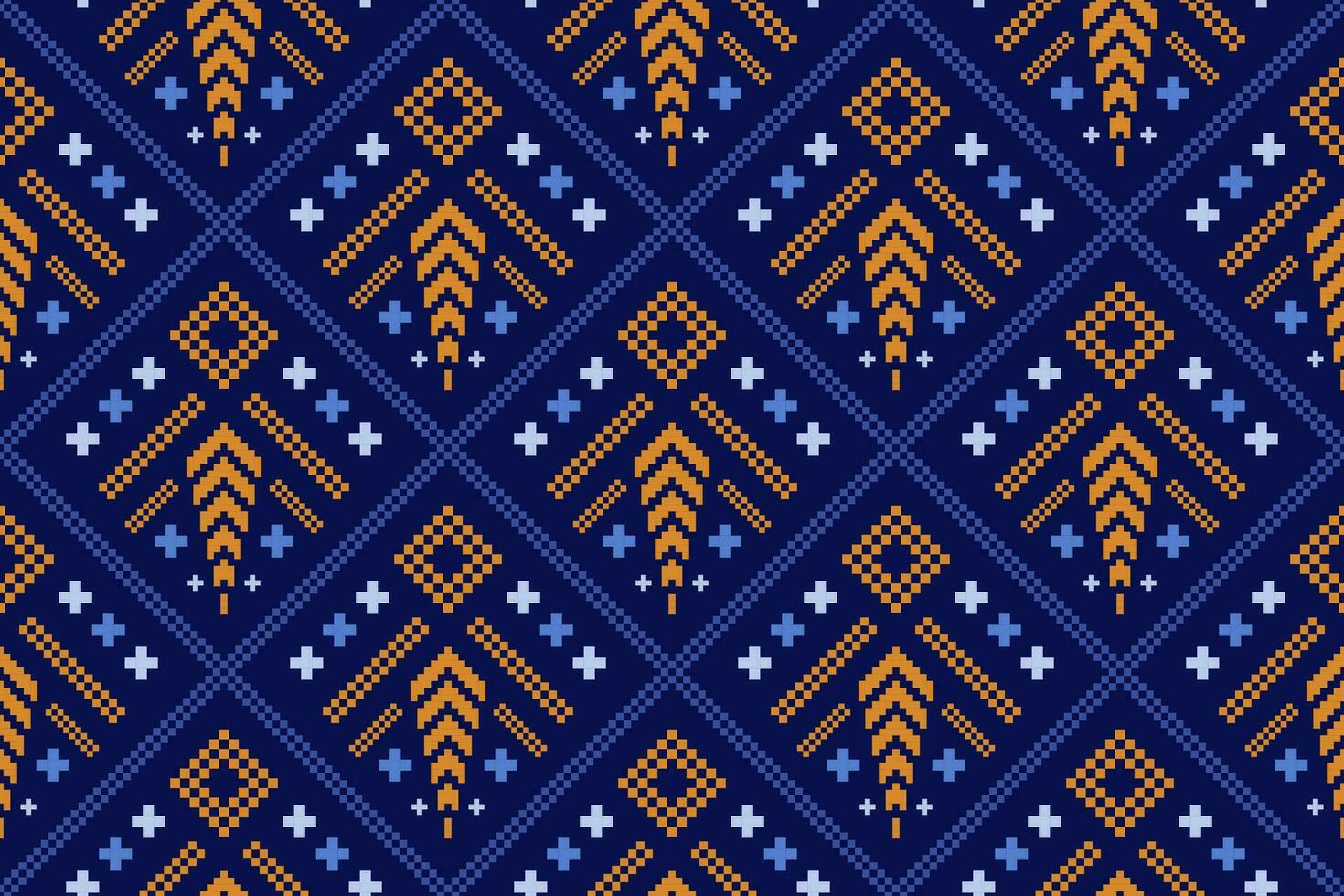 Indigo navy blue geometric traditional ethnic pattern Ikat seamless pattern border abstract design for fabric print cloth dress carpet curtains and sarong Aztec African Indian Indonesian vector