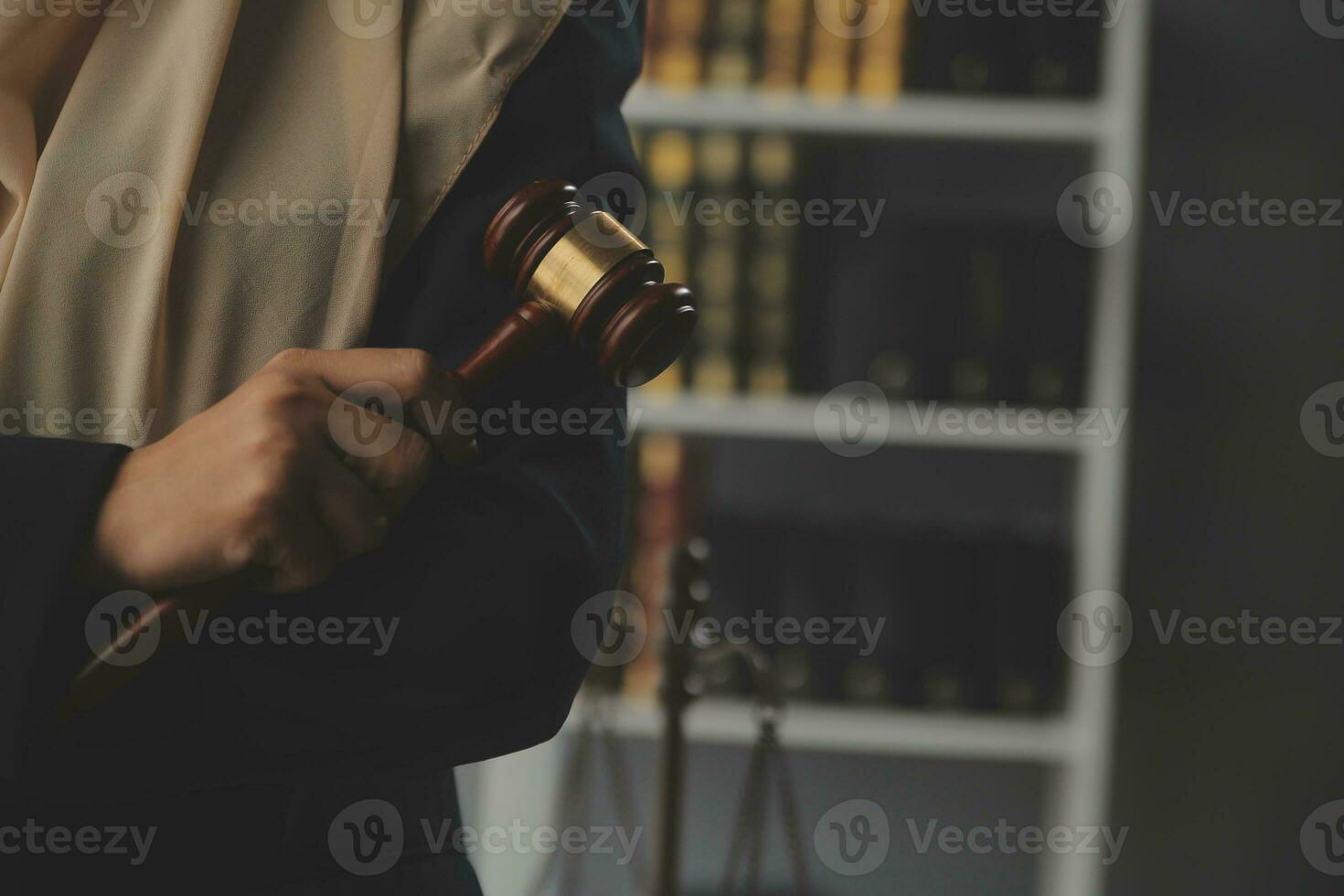 Business and lawyers discussing contract papers with brass scale on desk in office. Law, legal services, advice, justice and law concept picture with film grain effect photo