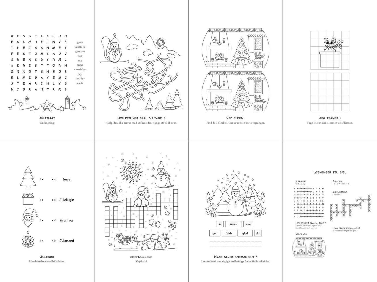 Set of seven games. Christmas Theme. Game and coloring page for kids. Danish language. Vector illustration. Set No. 1.