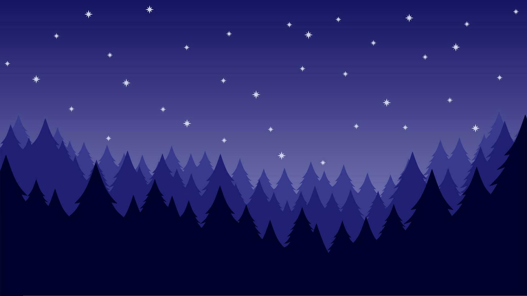 Pine forest landscape vector illustration. Silhouette of coniferous hill in the night with starry sky. Pine forest landscape for background, wallpaper or landing page