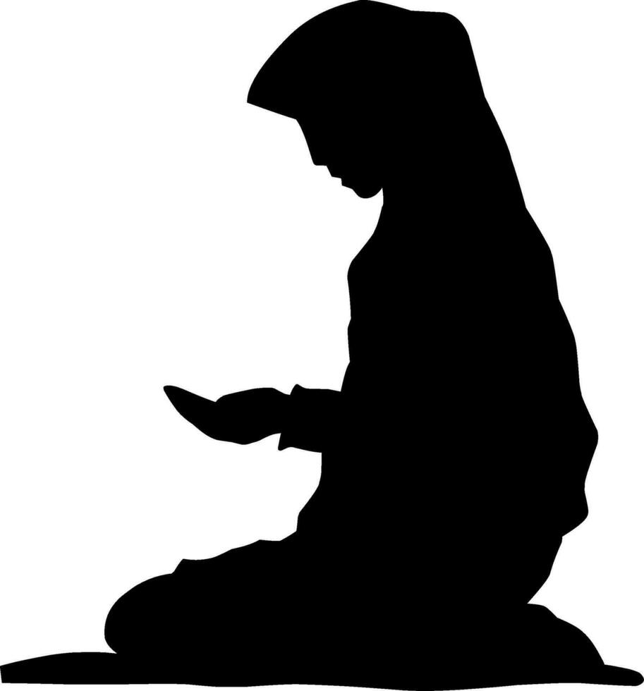 Woman muslim praying silhouette vector illustration. Woman with hijab praying icon for eid mubarak. Ramadan design graphic in muslim culture and islam religion