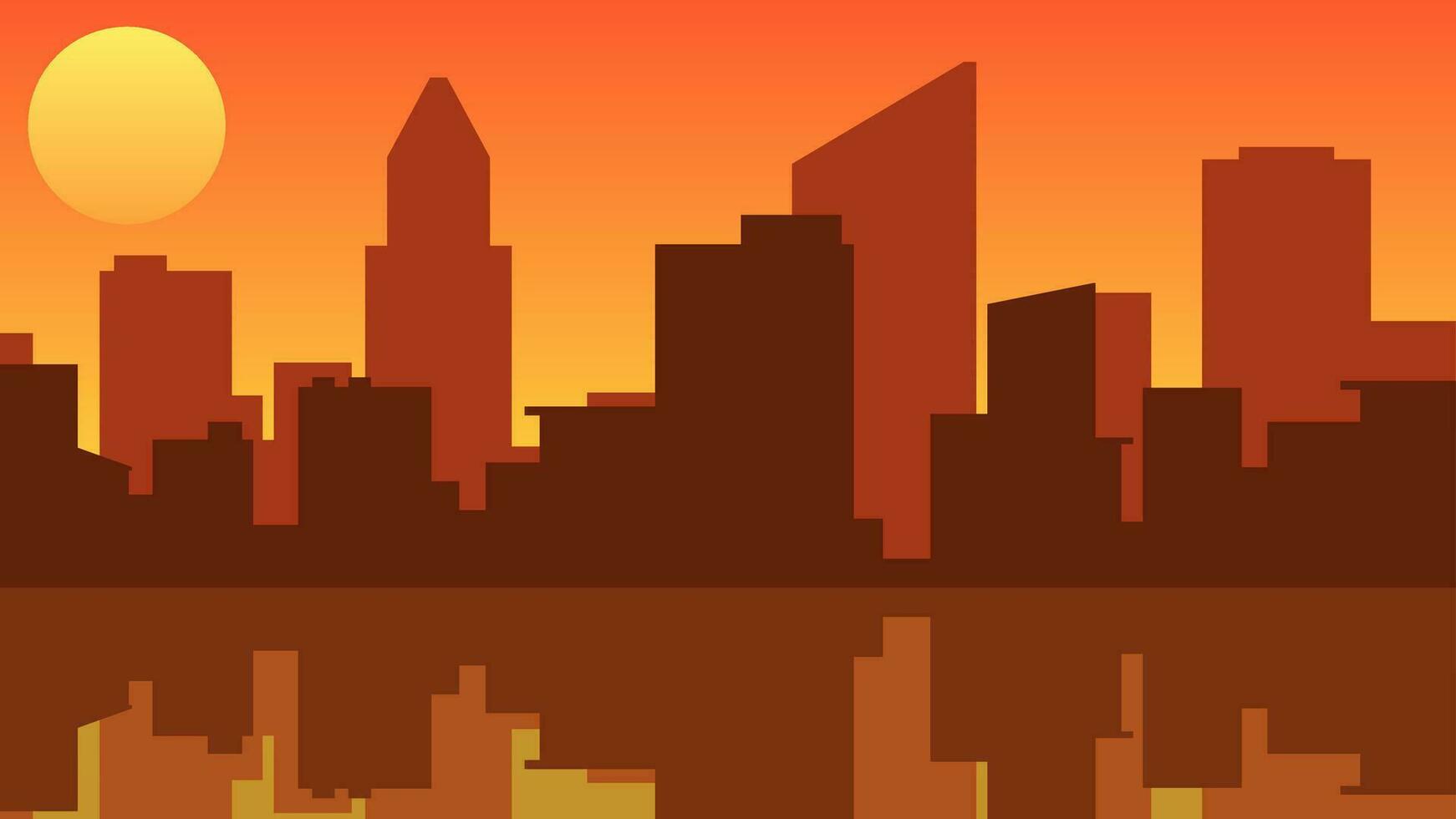 Cityscape near the lake vector illustration. Urban silhouette on the lake with water reflection. Cityscape landscape for background, wallpaper or landing page. Sunset panorama in the city