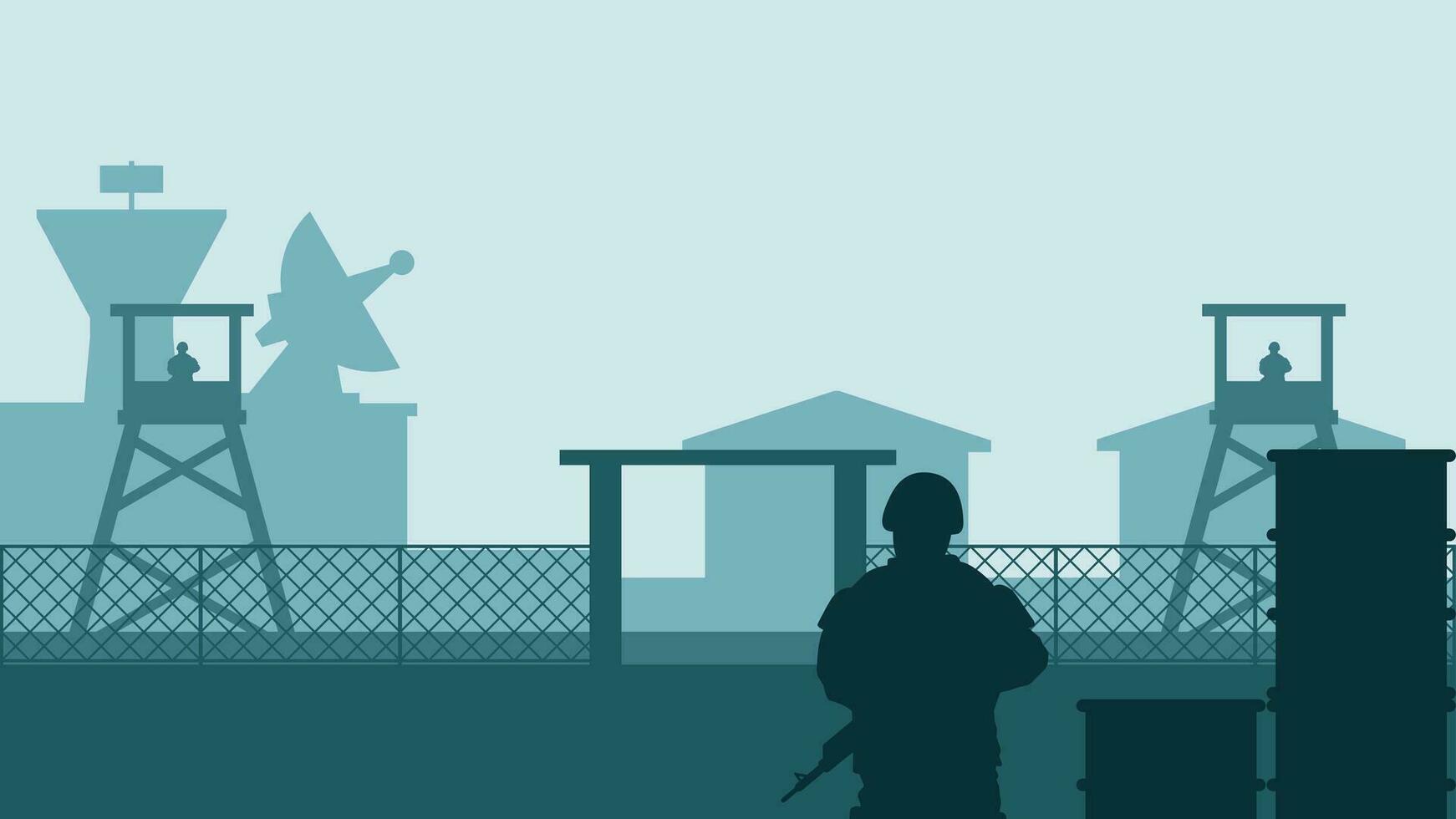 Military base landscape vector illustration. Silhouette of soldier at military base with watchtower and barracks. Military landscape for background, wallpaper or landing page