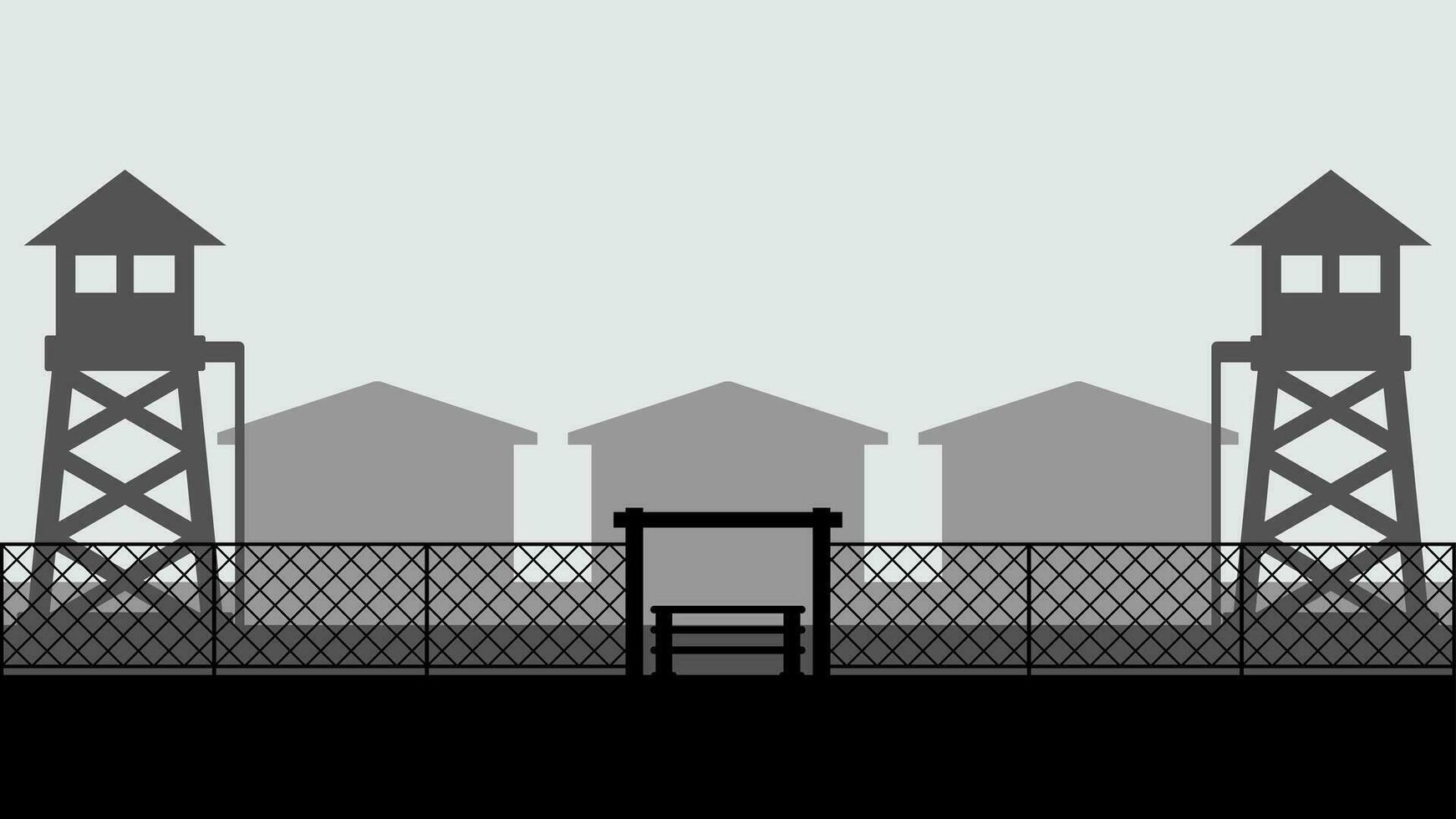 Military base landscape vector illustration. Silhouette of military base gate with watchtower and barracks. Military landscape for background, wallpaper or landing page