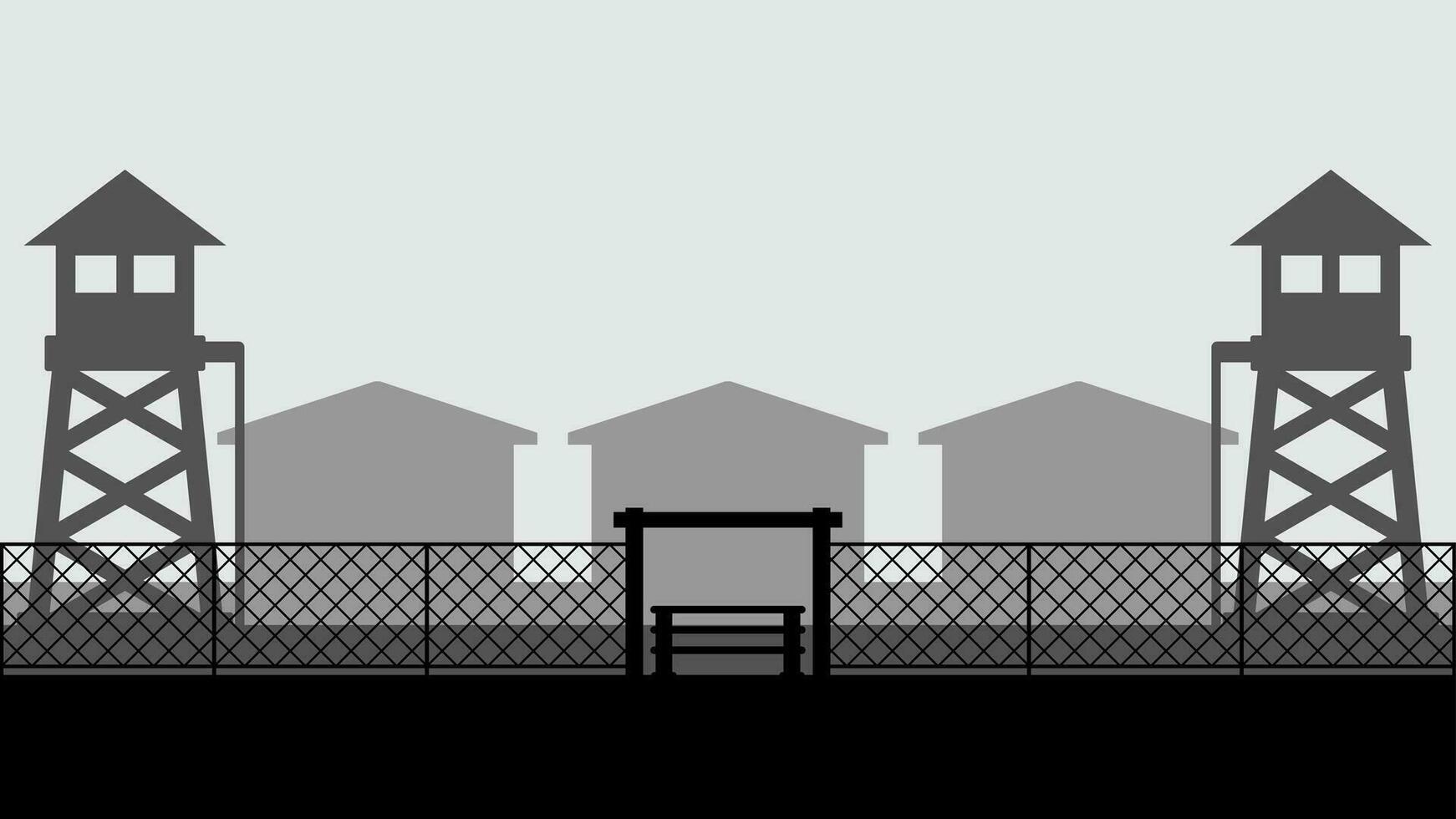 Military base landscape vector illustration. Silhouette of military base gate with watchtower and barracks. Military landscape for background, wallpaper or landing page