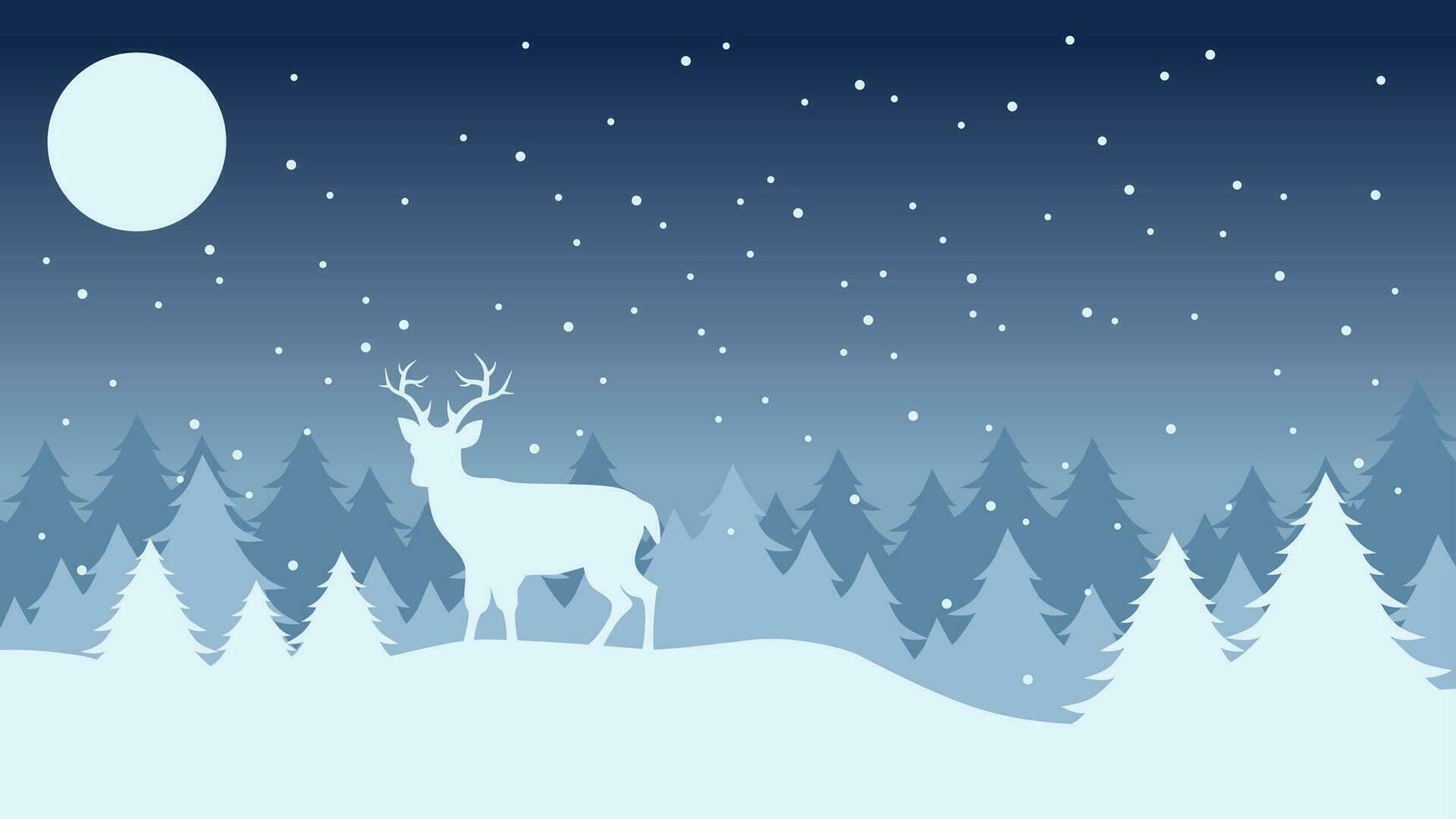 Winter at night landscape vector illustration. Winter background with reindeer and pine forest in the snow hill. Silhouette of cold season landscape for background or wallpaper