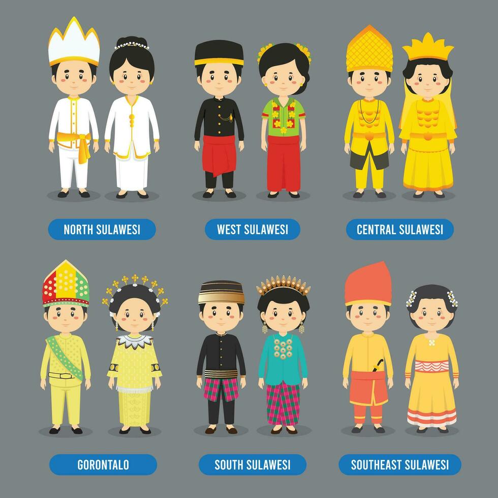 A collection of characters from Sulawesi Province, Indonesia wearing traditional clothes vector
