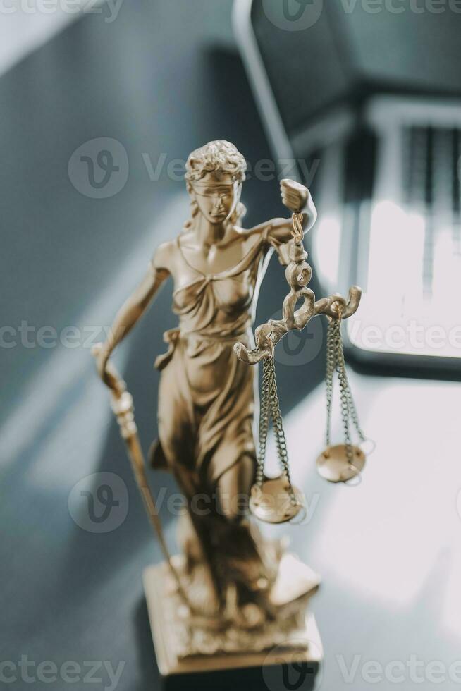 Consultation and conference of Male lawyers and professional businesswoman working and discussion having at law firm in office. Concepts of law, Judge gavel with scales of justice. photo