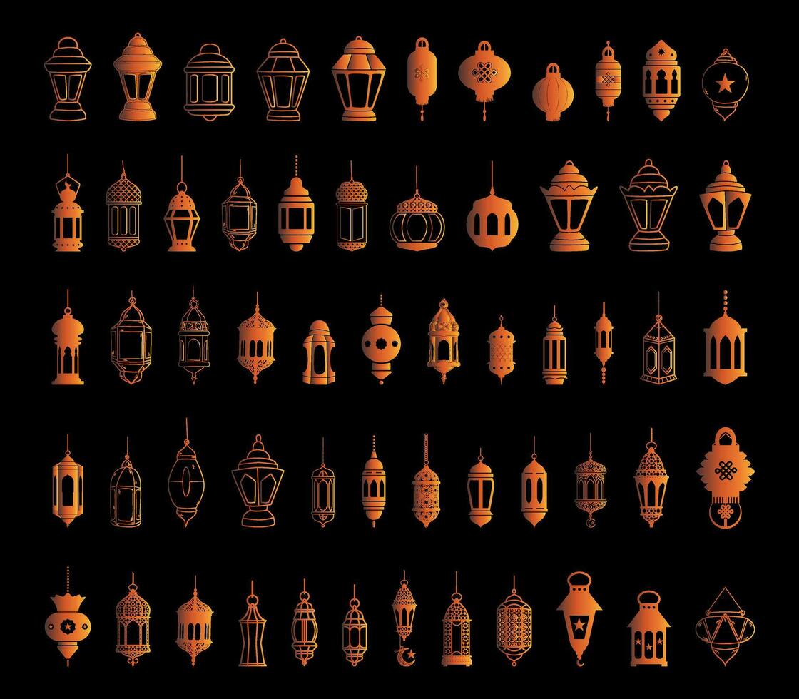 Ramadan lantern linear icons, arabian lamp, lantern icon, muslim antique lamp symbol, moslem celebrate icons set vector. vector