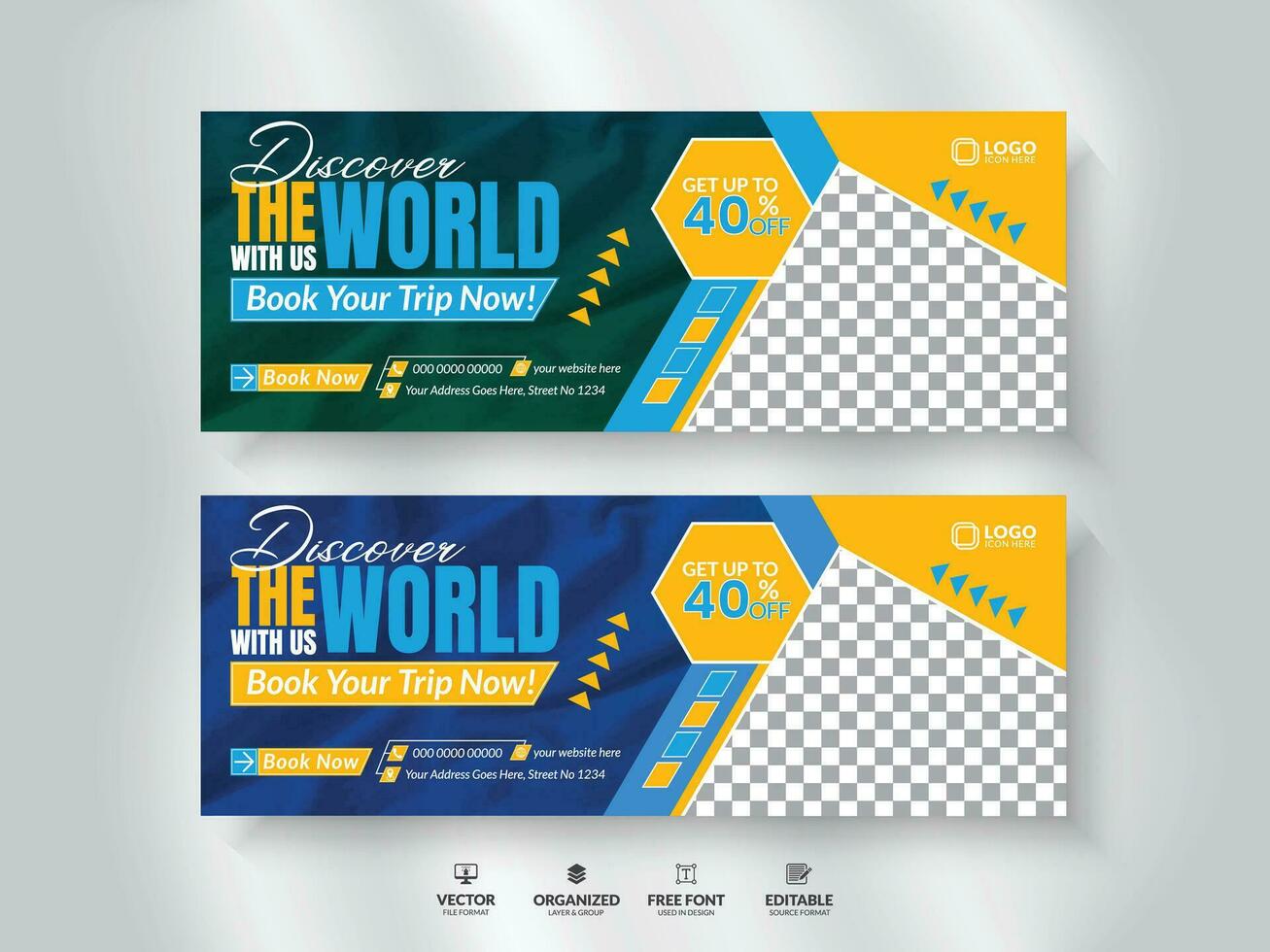 Travel agency social media cover design template for ads tour social media cover with photo place holder. vector