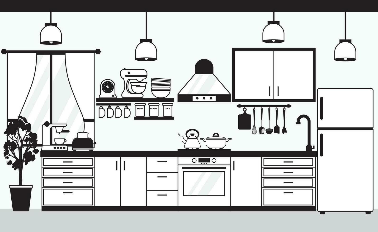 cocina vector ilustración. negro y blanco cocina dibujo. minimalista cocina diseño.