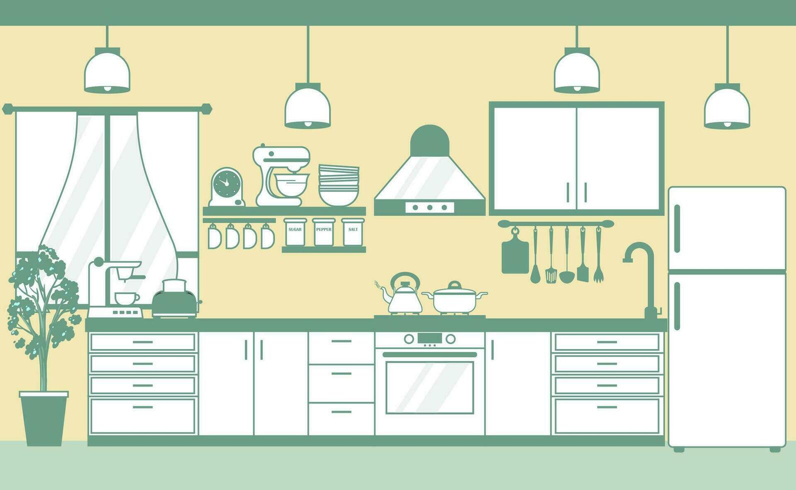 cocina interior vector ilustración. negro y blanco cocina dibujo. minimalista cocina diseño.