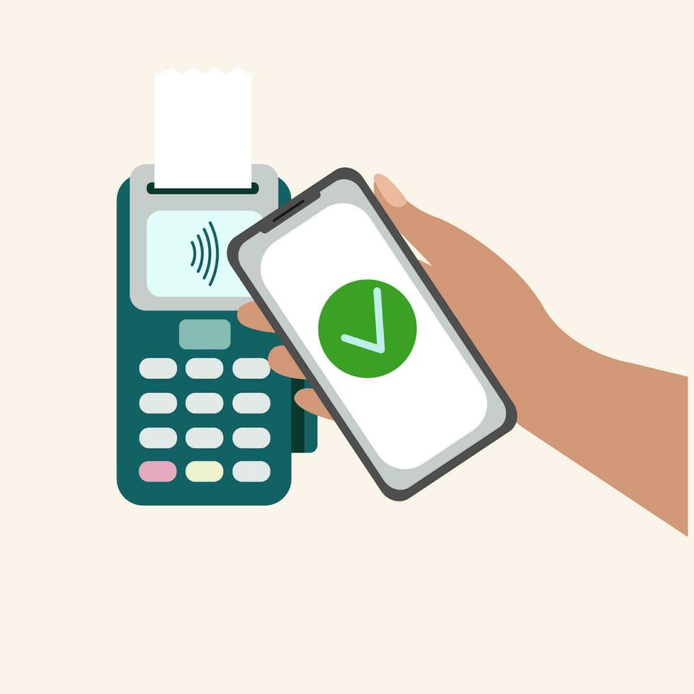 pos Terminal, teléfono inteligente sin contacto pagos concepto. mano participación dispositivo. nfc, crédito tarjeta pagos Campo cercano comunicación protocolo. vector icono. Wifi móvil pagar. inalámbrico