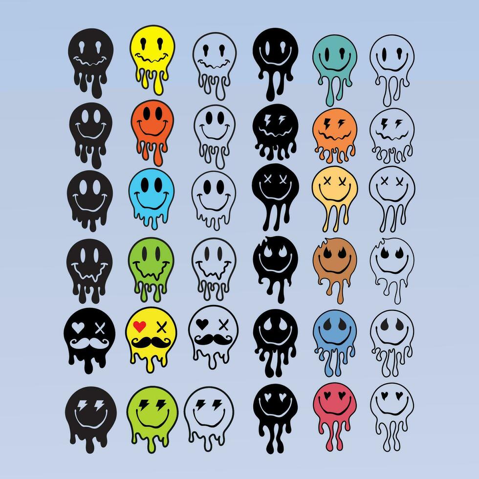 maravilloso derritiendo sonriente caras. psicodélico distorsionado emoji vector ilustración en 1970 hippie retro estilo para impresión en camisetas, carteles, creando logos y patrones, web diseño y social medios de comunicación