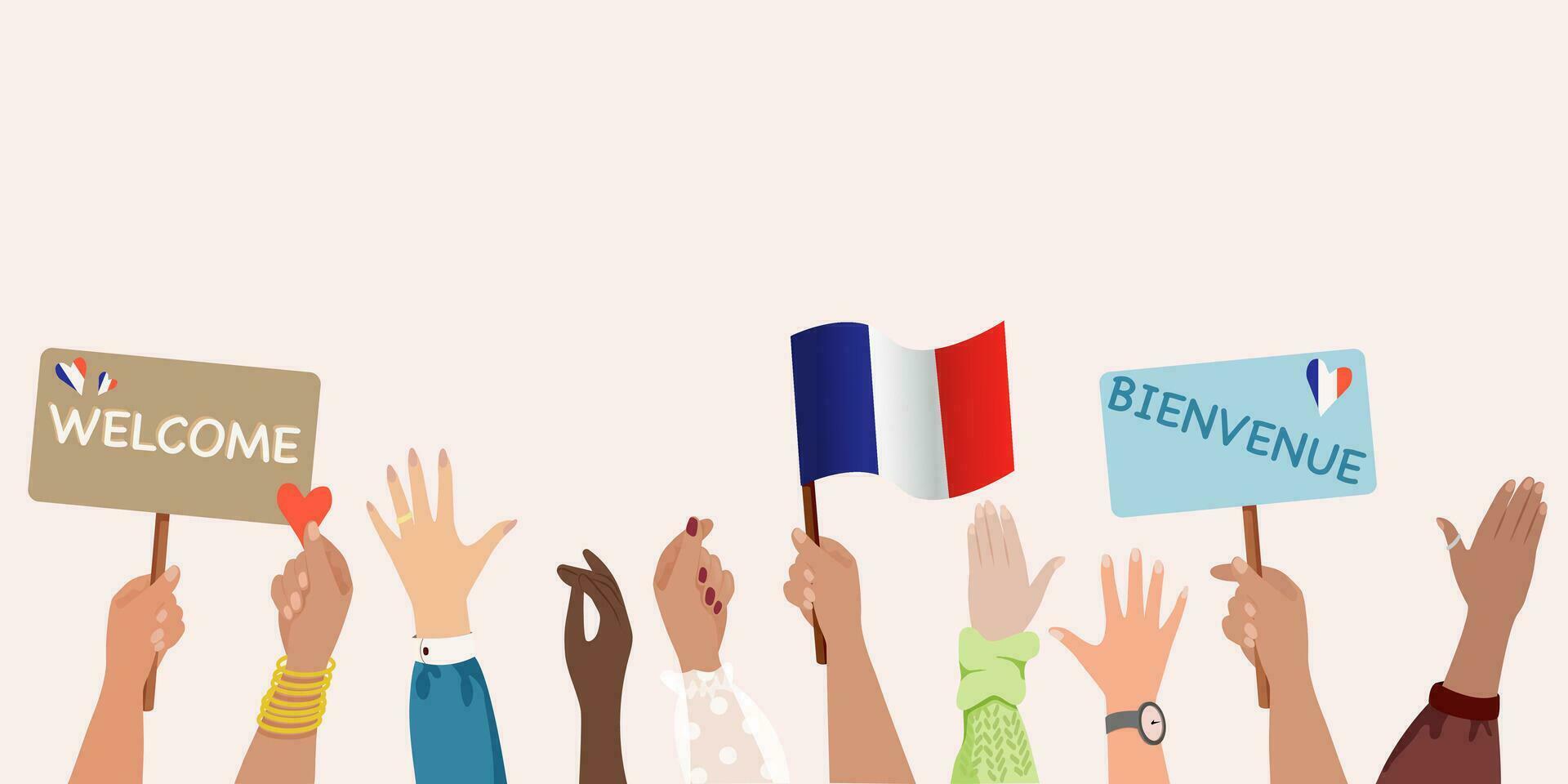 elevado brazos y manos de multiétnico personas desde diferente naciones participación francés bandera, tableros con letras Bienvenido y bienvenue. olímpico juegos 2024 Bienvenido concepto. vector ilustración.