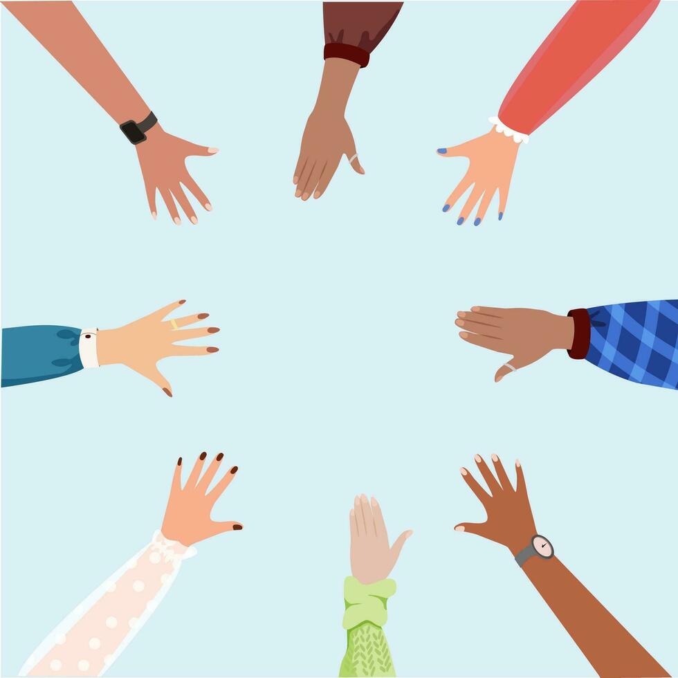 people hands group round together. Group raised human arms and hands. Diversity multiethnic people. Racial equality. people of different culture and countries. vector background or frame. Copy space