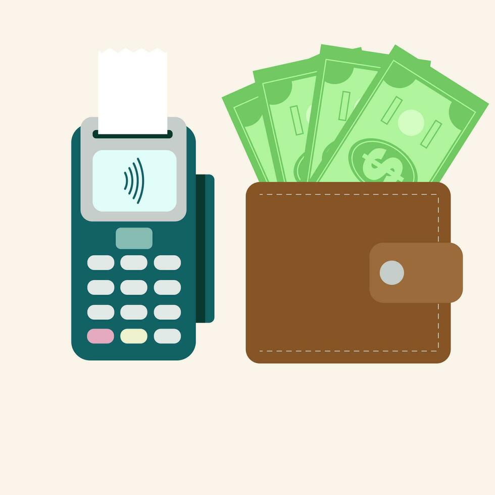 Bank payment terminal and brown wallet with cash. POS terminal and wallet with banknotes. Payment machine. Credit card reader. Vector illustration