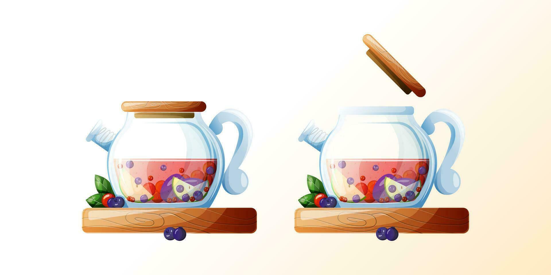 Closed and opened Glass teapot with hot drink, berries, and fruits, Vector Illustration for tea menu, Teapot on a wooden stand