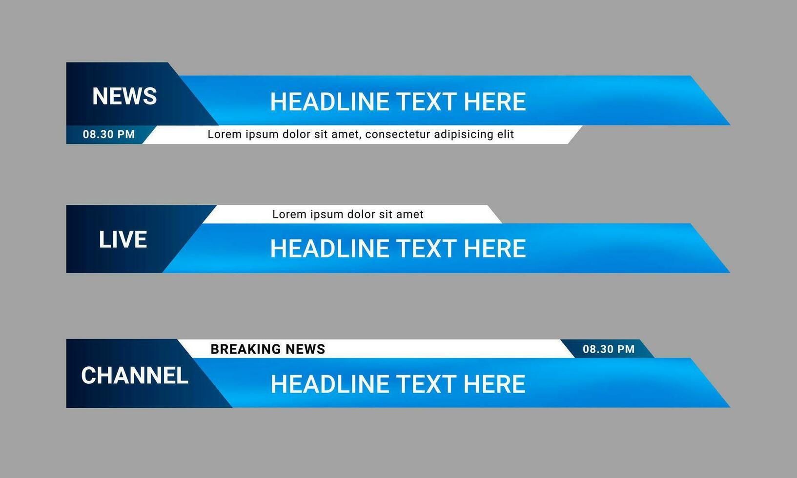 Newscast lower third banner vector. Set of lower third bar templates for breaking news, sports news on television, video and media online vector