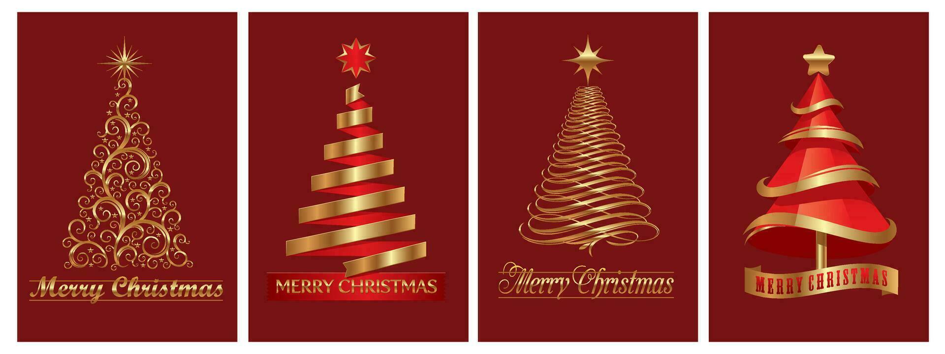 colección de dorado Navidad arboles en un rojo antecedentes con estrellas en arriba, moderno plano diseño. lata ser usado para impreso materiales - volantes, carteles, negocio tarjetas o para el web. vector
