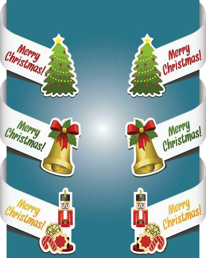 Merry Chrismast and Happy New Year. Merry Christmas ribbon design. gift boxes, green trees, bells and others, vector