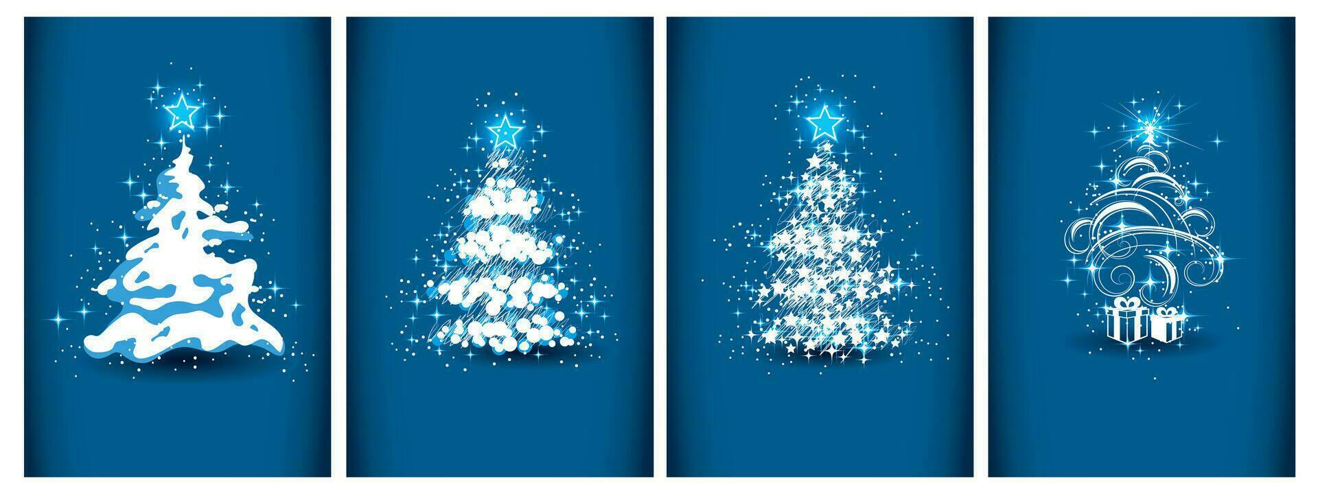 Set of light vector stylized Christmas trees on blue background. Christmas card with blue Magic Tree. on blue background Vector illustration.