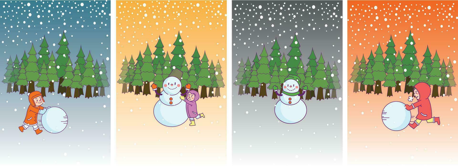 Navidad y invierno día bandera, pino bosque paisaje, nieve, muñeco de nieve, bolas de nieve y niños jugando, invierno día festivo. papel ilustración vector