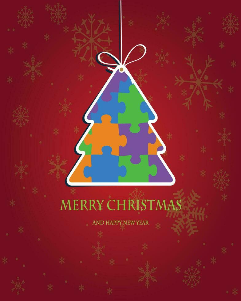 Christmas tree and Merry Christmas. Christmas trees in the form of colorful puzzle hangers. with snowflakes and red background vector