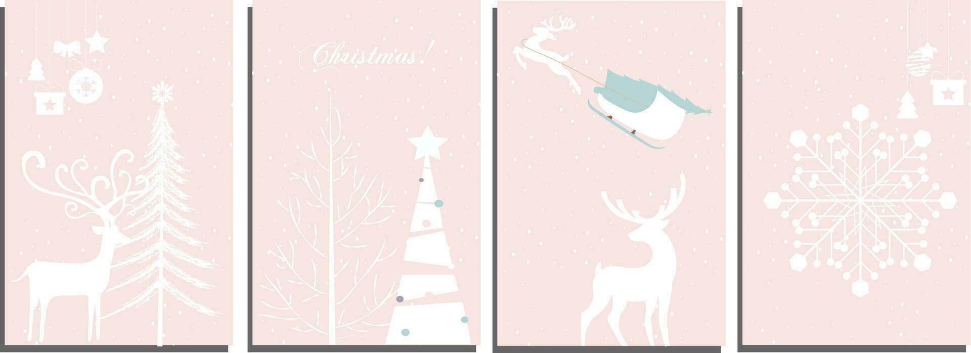 Christmas modern design set in paper cut style with Christmas tree, snowflakes, various gifts, reindeer, christmas train. Christmas card, poster, holiday cover or banner vector