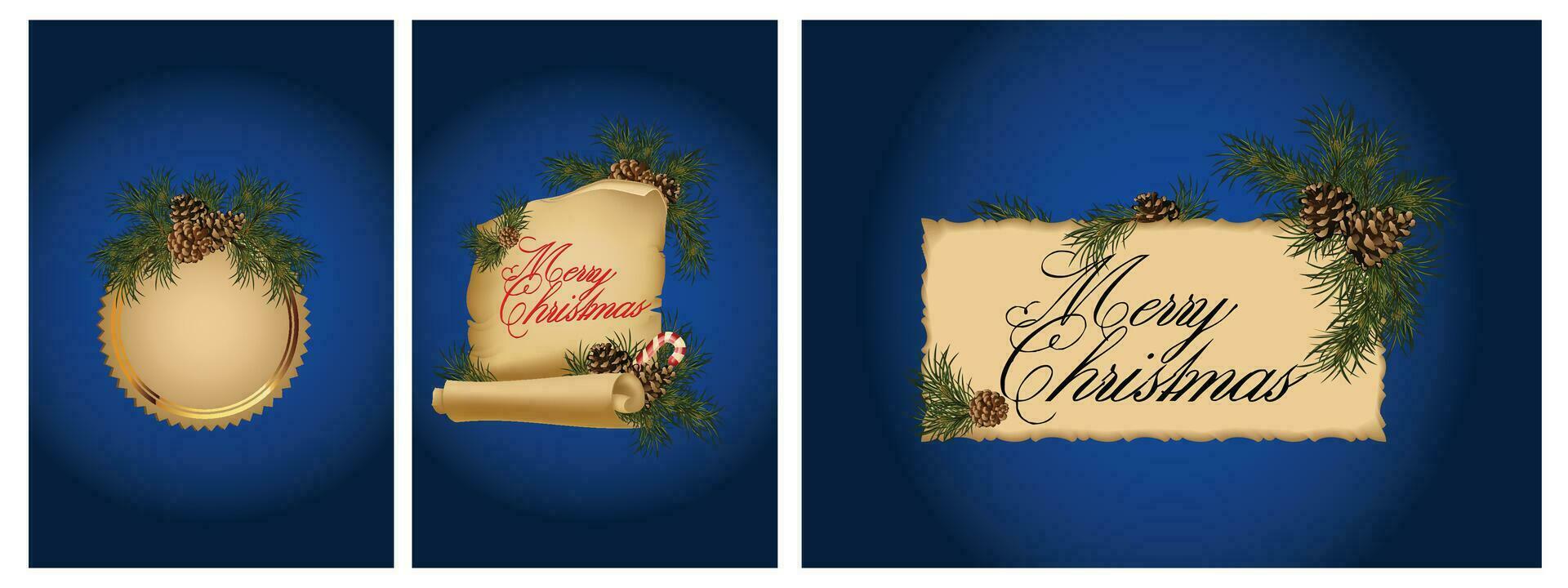 Set of Christmas greeting cards with the words Merry Christmas and a composition of festive elements such as plants, paper, Christmas tree decorations, pine branches. vector