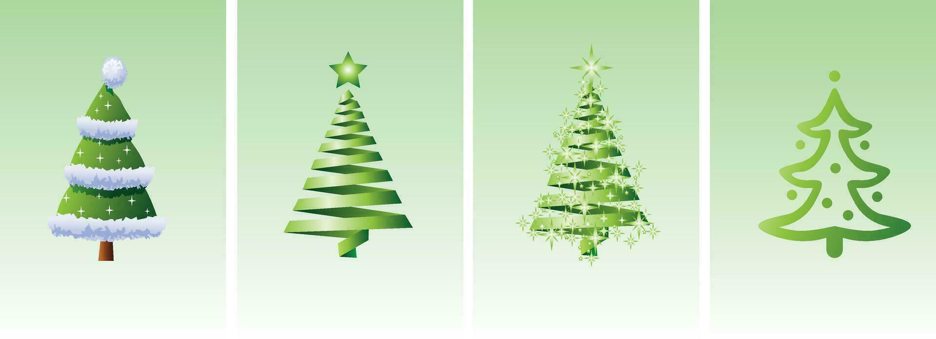 Collection of green Christmas trees with stars. Christmas tree vector 3d illustration. on a green background