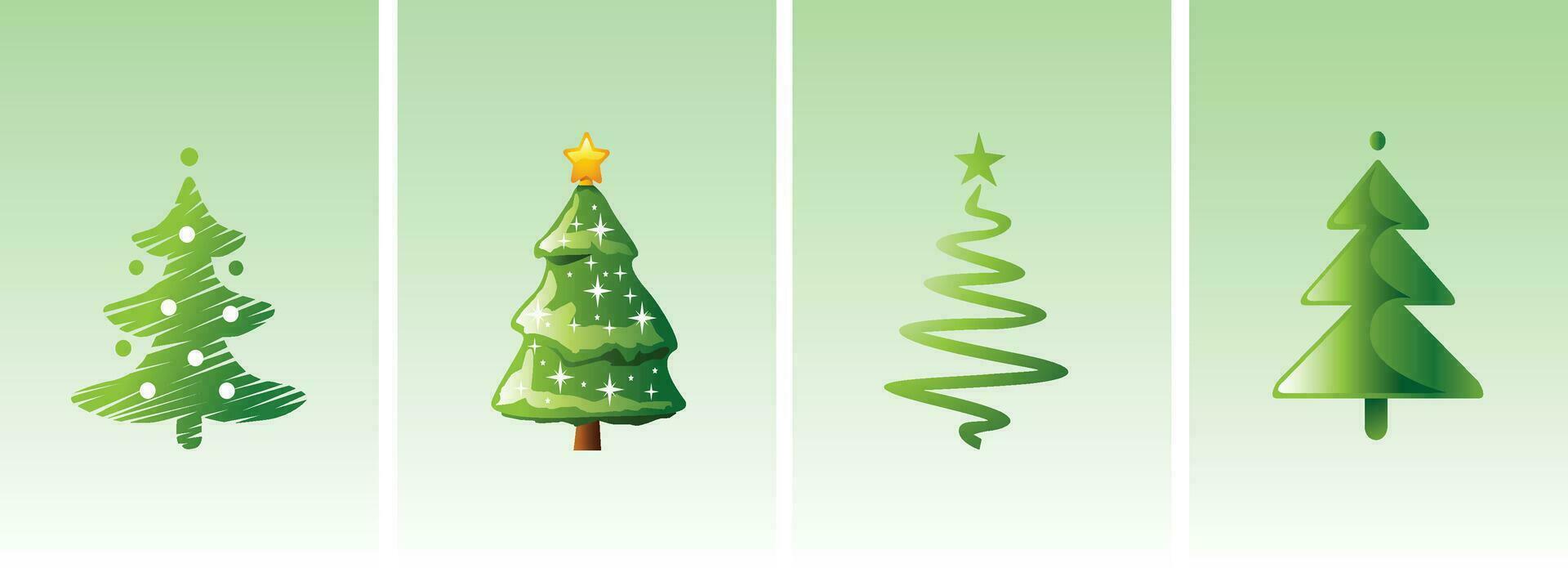 Collection of green Christmas trees with stars in a green box. Christmas tree vector 3d illustration