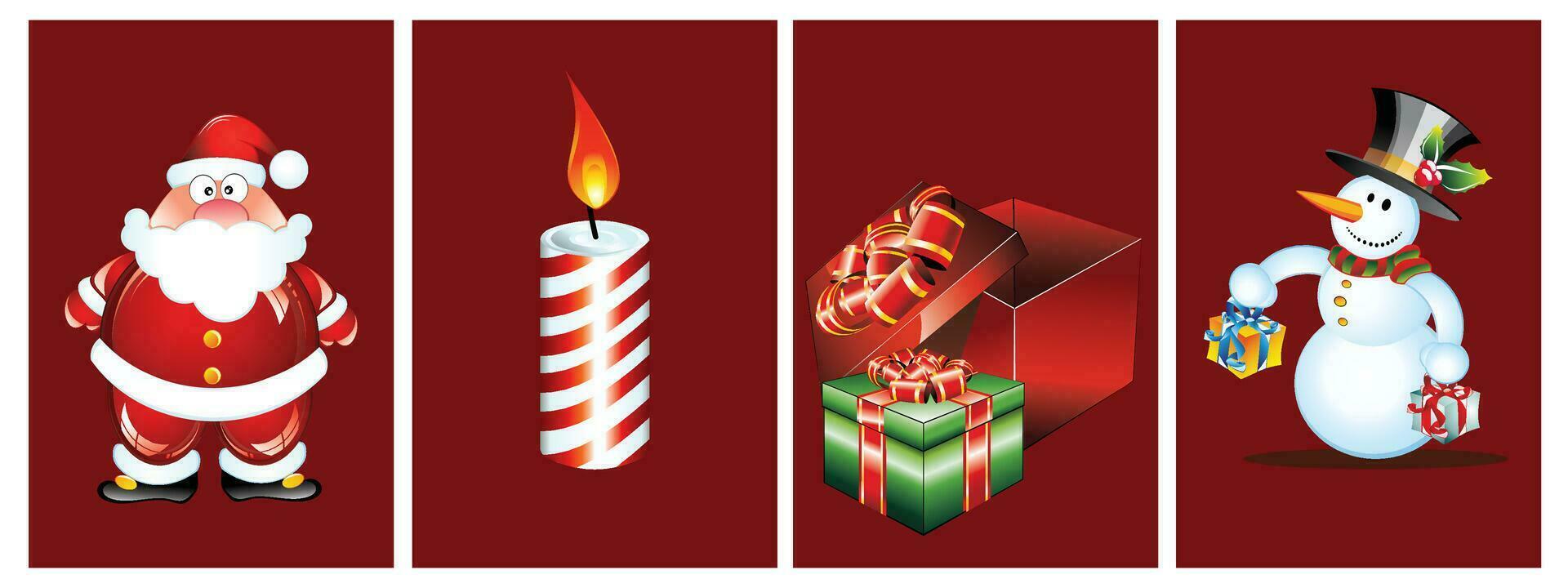 Cute cartoon 3d Christmas decoration elements set isolated on red background. santa clus, gifts, snowman, red candle. For New Year and winter holiday cards, headers, gift certificates vector