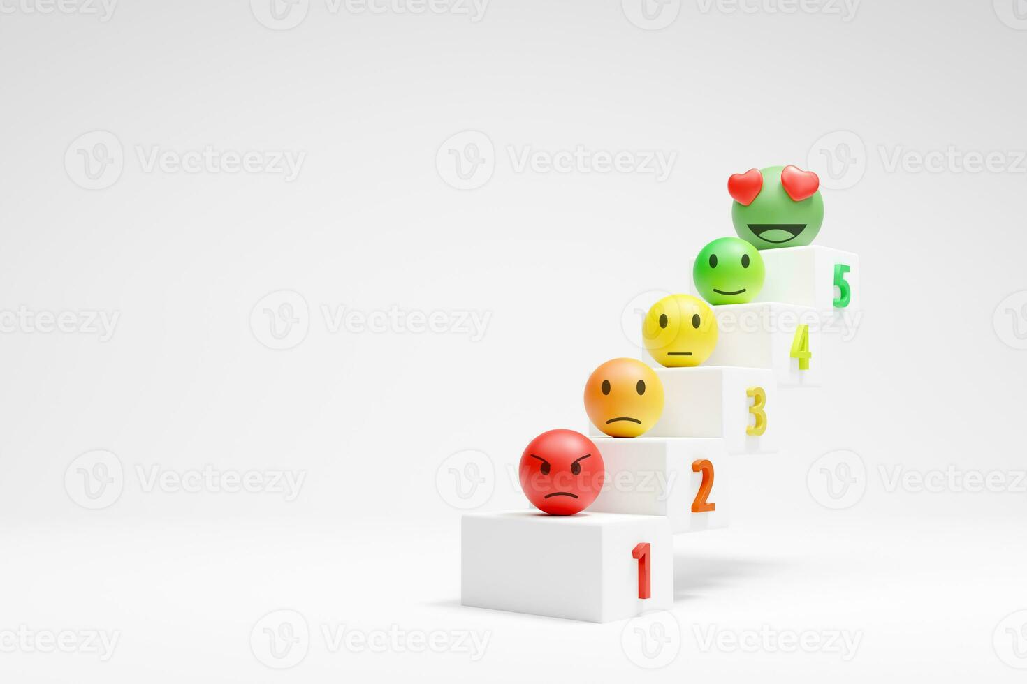 Emotional emoji levels on stairs. Concept of health assessment or customer satisfaction surveys, reviews of store products to evaluate the quality leading to business reputation ranking photo