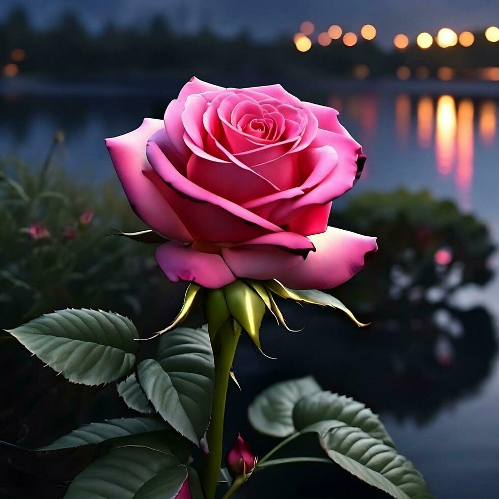 A mesmerizing Rose Flower unfurling in front of river AI Generative photo