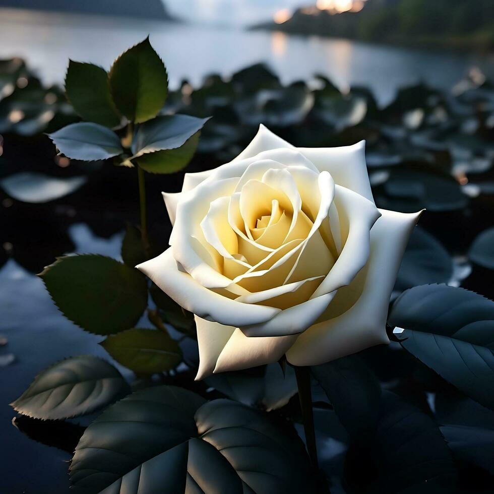 A mesmerizing White Rose Flower unfurling in river AI Generative photo