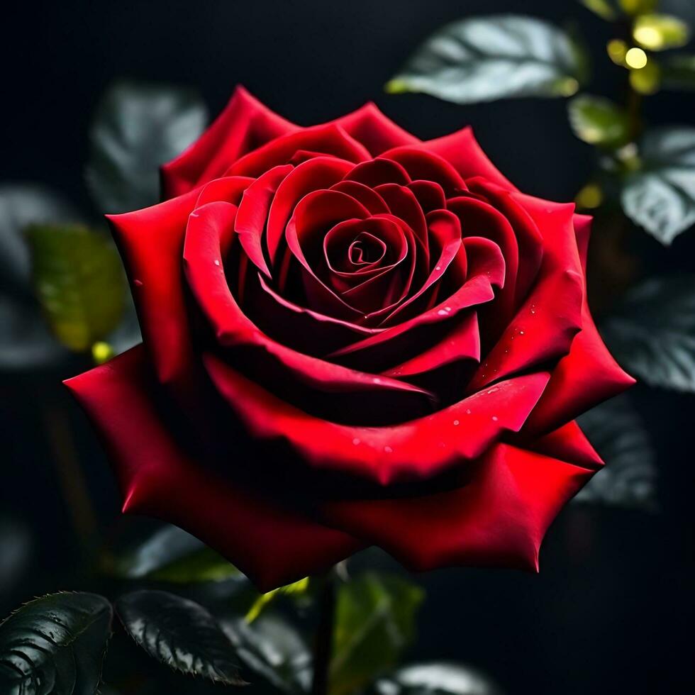 A mesmerizing Red Rose flower unfurling in black background  AI Generative photo