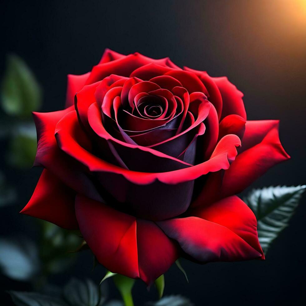 A mesmerizing Red Rose flower unfurling in black background  AI Generative photo