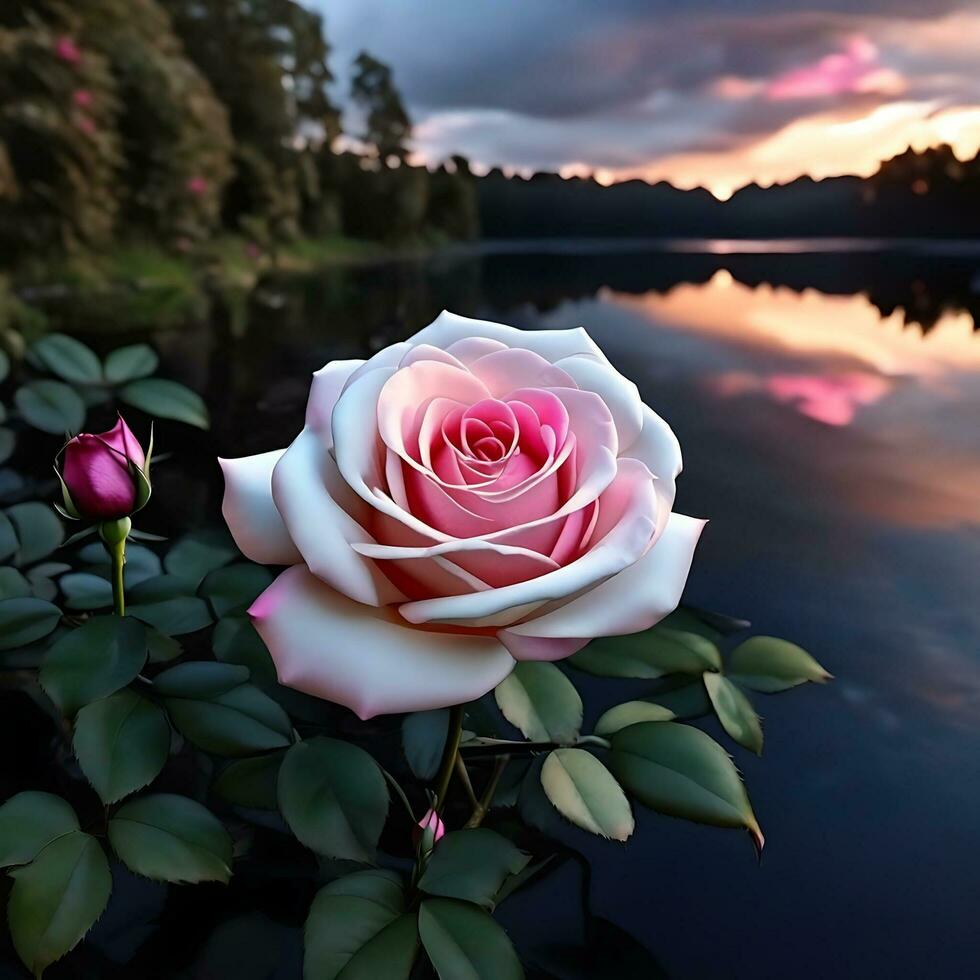 A mesmerizing Rose Flower unfurling in front of river AI Generative photo