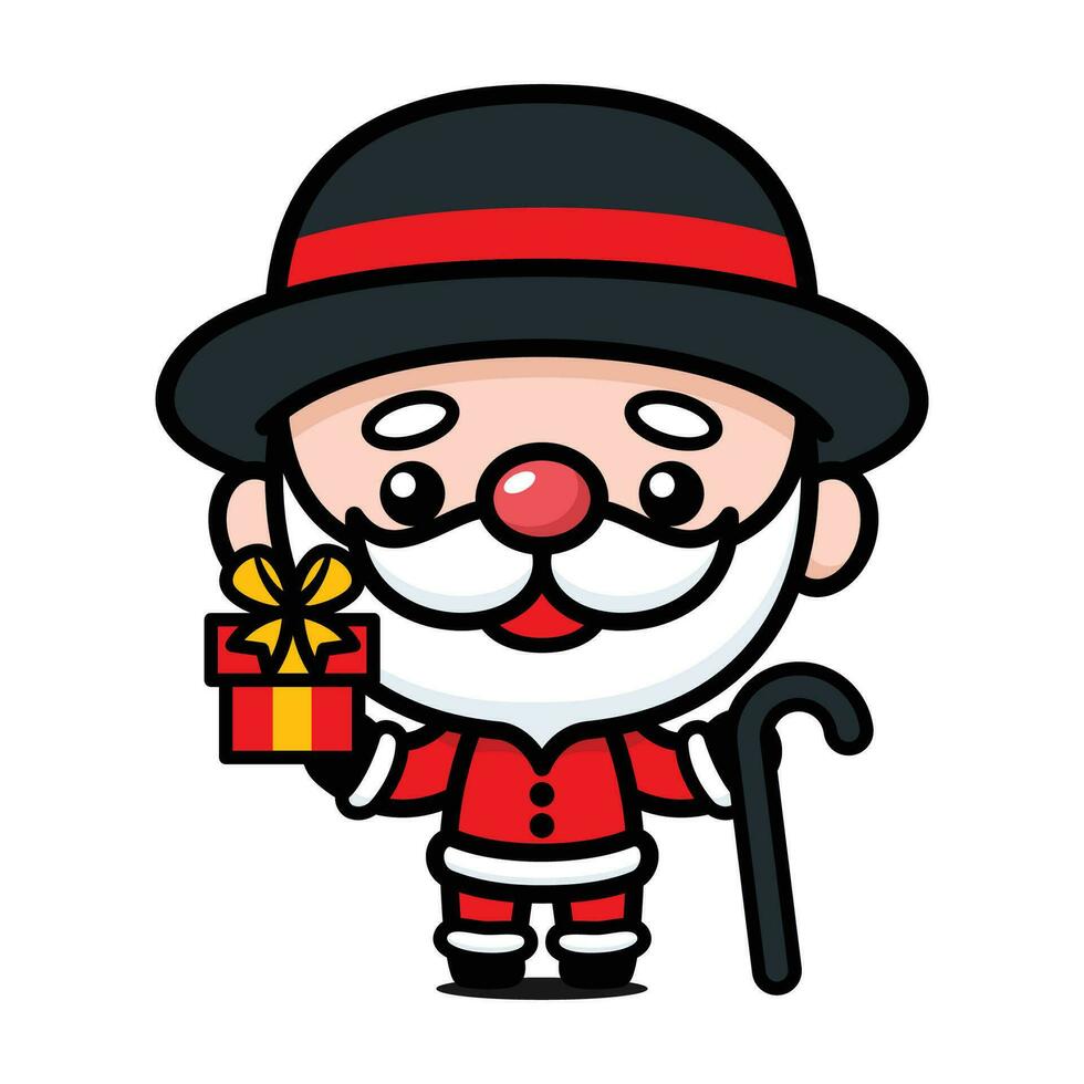 Cute And Kawaii Christmas Santa Claus Cartoon Character With Hat Cane And Present Box vector