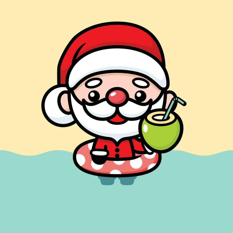 Cute And Kawaii Christmas Santa Claus Cartoon Character Swimming And Drinking Coconut vector