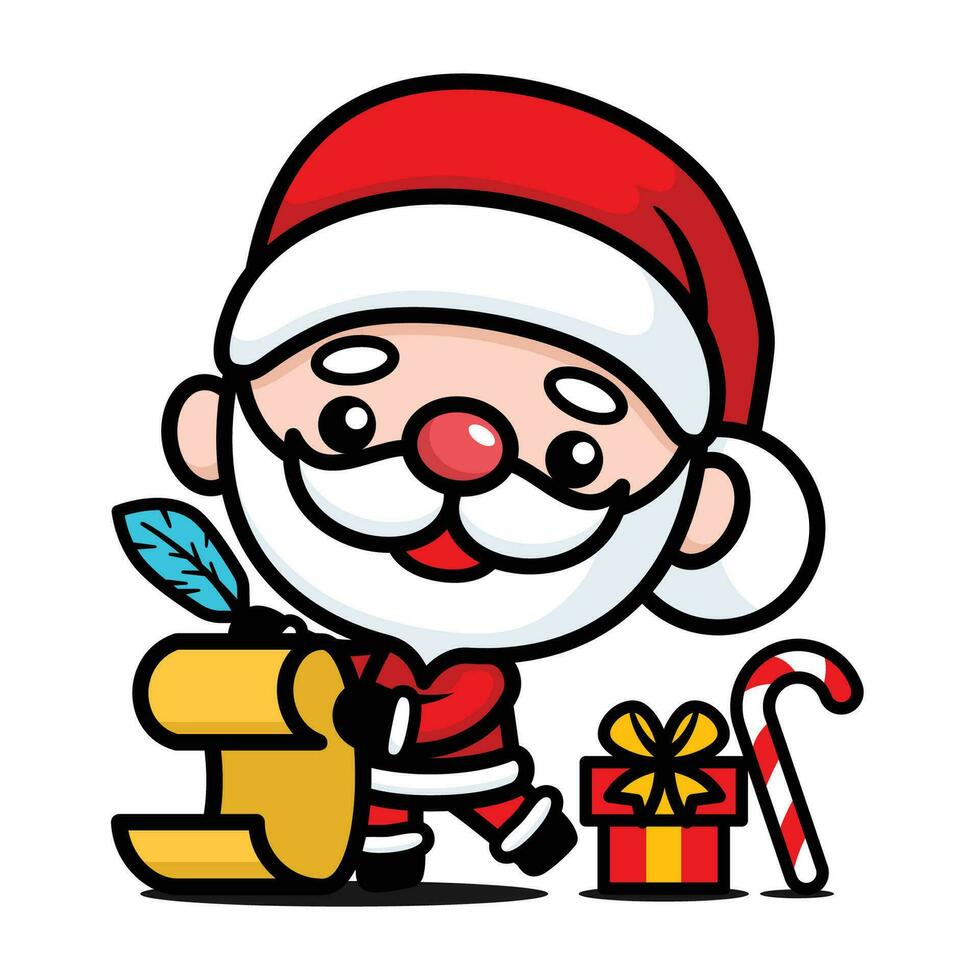 Cute And Kawaii Christmas Santa Claus Cartoon Character With Bag And Present List vector