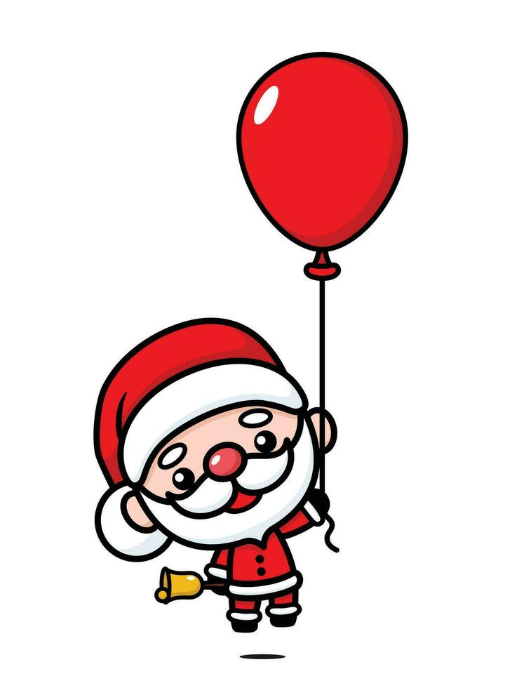 Cute And Kawaii Christmas Santa Claus Cartoon Character Holding Balloon And Bell vector