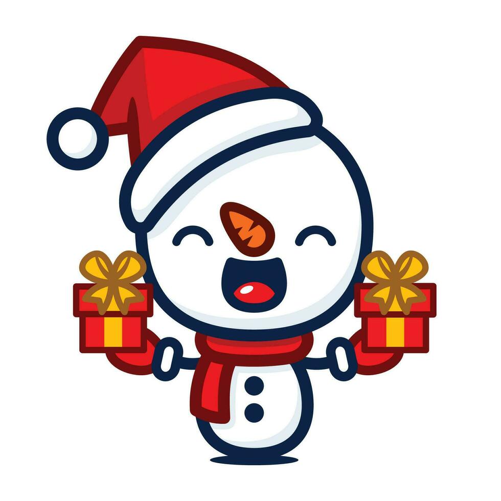 Cute And Kawaii Style Christmas Snowman Cartoon Character With Present Box vector
