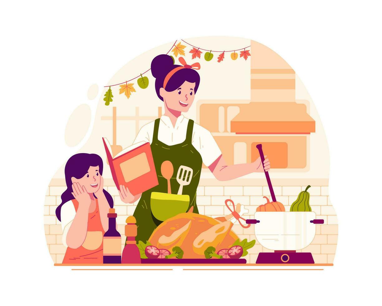 Happy Thanksgiving Day With Mother and Daughter Cooking Dishes and a Turkey in the Kitchen for the Thanksgiving Holiday Party or Dinner vector