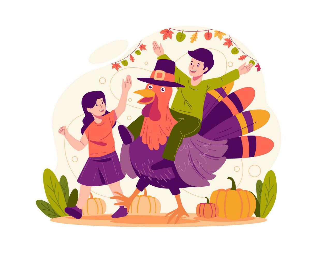 Happy Thanksgiving Day. Children Playing With a Giant Turkey. Thanksgiving Celebration vector