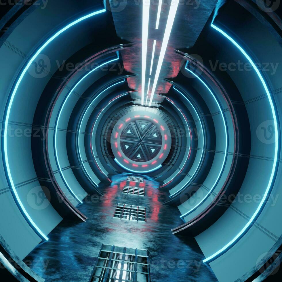 The neon blue airlock tunnel glows around the corridor on the reflective concrete floor. photo